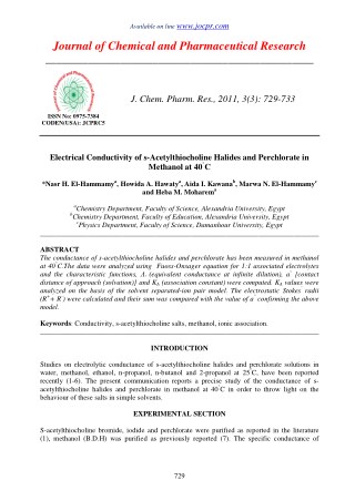 Electrical Conductivity of s-Acetylthiocholine Halides and Perchlorate in Methanol at 40Â°C