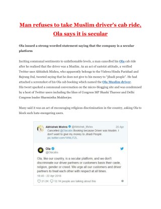 Man refuses to take Muslim driver's cab ride, Ola says it is secular