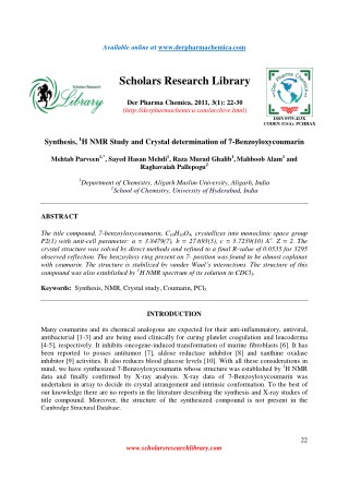 Synthesis, 1H NMR Study and Crystal determination of 7-Benzoyloxycoumarin