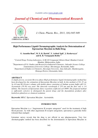 High Performance Liquid Chromatographic Analysis for Determination of Eprosartan Mesylate in Bulk Drug