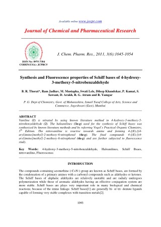 Synthesis and Fluorescence properties of Schiff bases of 4-hydroxy3-methoxy-5-nitrobenzaldehyde