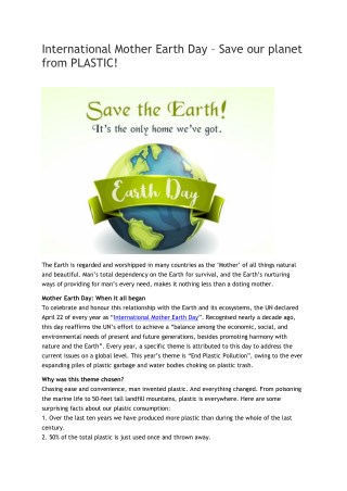 International Mother Earth Day â€“ Save our planet from PLASTIC!