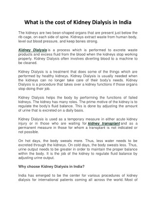 What is the Cost of kidney dialysis in India