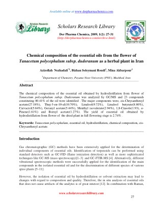 Chemical composition of the essential oils from the flower of Tanacetum polycephalum subsp. duderanum as a herbal plant