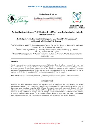 Antioxidant Activities of N-((3,5-dimethyl-1H-pyrazol-1-yl)methyl)pyridin-4- amine derivatives
