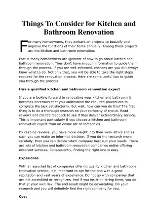 Things To Consider for Kitchen and Bathroom Renovation