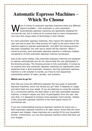 Automatic Espresso Machines â€“ Which To Choose