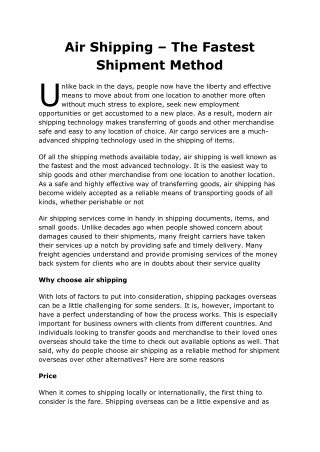Air Shipping â€“ The Fastest Shipment Method