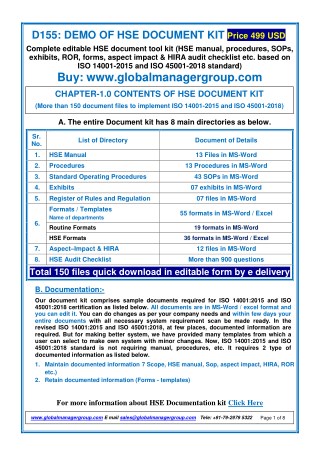 HSE Documents - ISO 14001, ISO 45001 Manual, Procedures, Audit Checklist