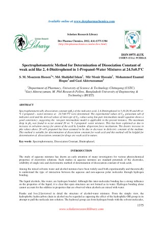 Spectrophotometric Method for Determination of Dissociation Constant of weak acid like 2, 4-Dinitrophenol in 1-Propanol-