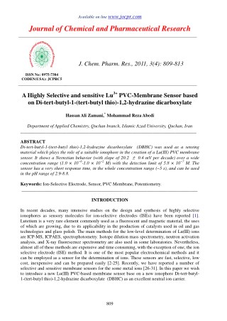 A Highly Selective and sensitive Lu3 PVC-Membrane Sensor based on Di-tert-butyl-1-(tert-butyl thio)-1,2-hydrazine dicar