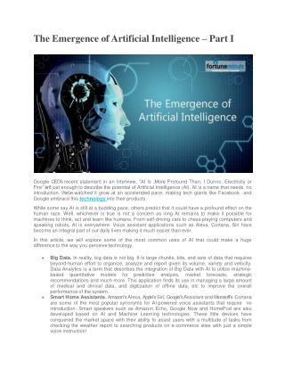 The Emergence of Artificial Intelligence â€“ Part I