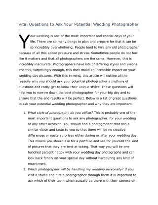 Vital Questions to Ask Your Potential Wedding Photographer