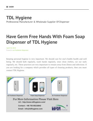 Hands Foam Soap Dispenser of TDL Hygiene