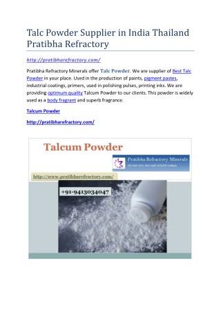 Talc Powder Supplier in India Thailand Pratibha Refractory