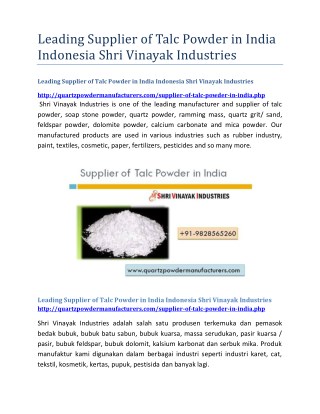 Leading Supplier of Talc Powder in India Indonesia Shri Vinayak Industries