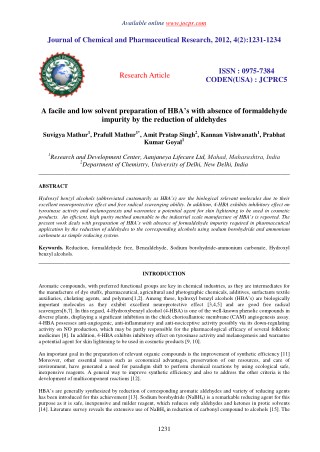 A facile and low solvent preparation of HBAâ€™s with absence of formaldehyde impurity by the reduction of aldehydes