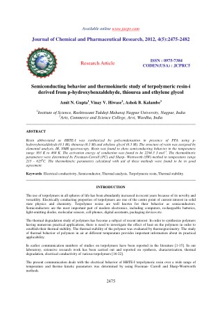 Semiconducting behavior and thermokinetic study of terpolymeric resin-i derived from p-hydroxybenzaldehyde, thiourea and