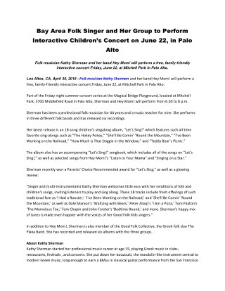 Bay Area Folk Singer and Her Group to Perform Interactive Childrenâ€™s Concert on June 22, in Palo Alto