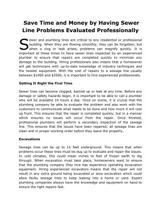 Save Time and Money by Having Sewer Line Problems Evaluated Professionally