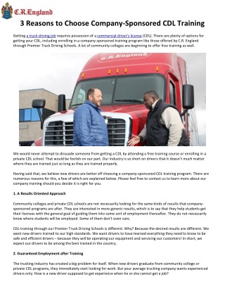 3 Reasons to Choose Company-Sponsored CDL Training