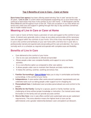 Top 5 Benefits of Live in Care â€“ Carer at Home Shrewsbury, Rugby