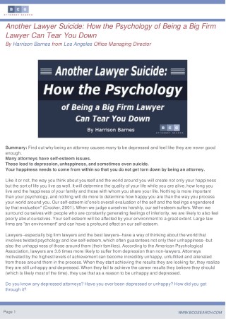 Another Lawyer Suicide: How the Psychology of Being a Big Firm Lawyer Can Tear You Down