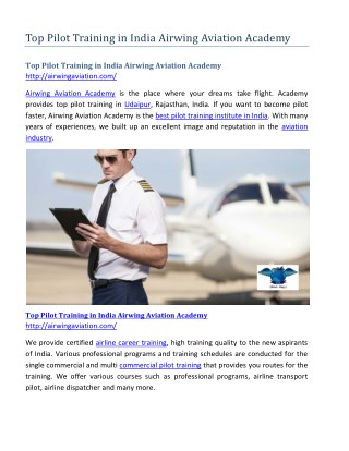 Top Pilot Training in India Airwing Aviation Academy
