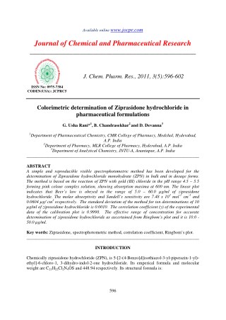 Colorimetric determination of Ziprasidone hydrochloride in pharmaceutical formulations