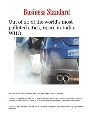 Out of 20 of the world's most polluted cities, 14 are in India: WHO