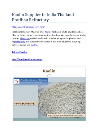 Kaolin Supplier in India Thailand Pratibha Refractory