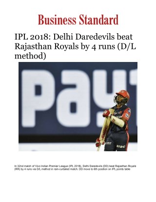 IPL 2018: Delhi Daredevils beat Rajasthan Royals by 4 runs (D/L method)