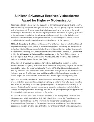 Akhilesh Srivastava Receives Vishwakarma Award for Highway Modernisation
