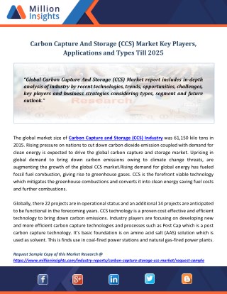 Carbon Capture And Storage (CCS) Market Key Players, Applications and Types Till 2025