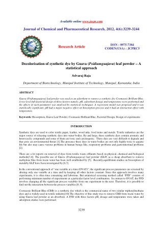 Decolorisation of synthetic dye by Guava (Psidiumguajava) leaf powder â€“ A statistical approach