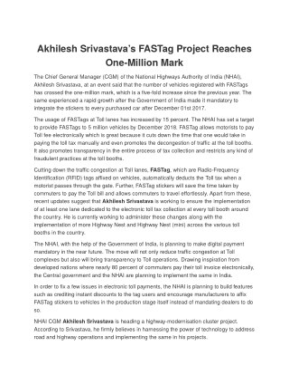 Akhilesh Srivastavaâ€™s FASTag Project Reaches One-Million Mark