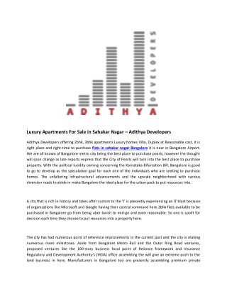 Luxury Apartments For Sale in Sahakar Nagar â€“ Adithya Developers