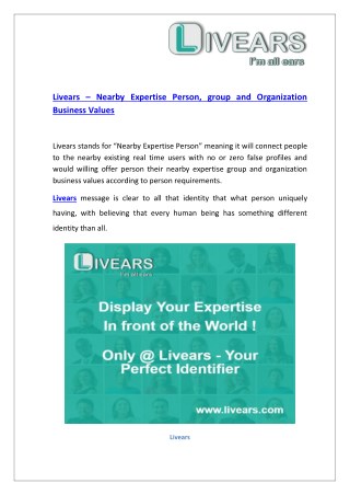 Livears â€“ Social Networks for Nearby Expertise Person, group and Organization Business Values