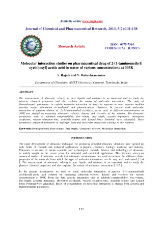 Molecular interaction studies on pharmaceutical drug of 2-[1-(aminomethyl) cyclohexyl] acetic acid in water of various c