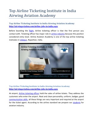 Top Airline Ticketing Institute in India Airwing Aviation Academy