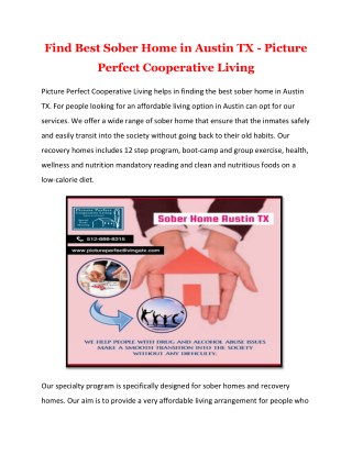 Sober Home Austin TX | Depression Housing Austin TX | Picture Perfect Cooperative Living