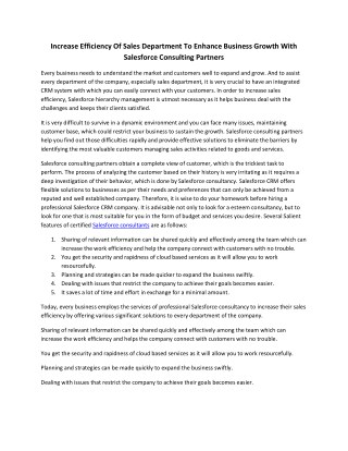 Increase Efficiency Of Sales Department To Enhance Business Growth With Salesforce Consulting Partners