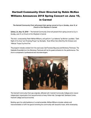 Hartnell Community Choir Directed by Robin McKee Williams Announces 2018 Spring Concert on June 10, in Carmel