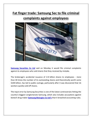 Fat Finger Trade Samsung Sec to File Criminal Complaints Against Employees