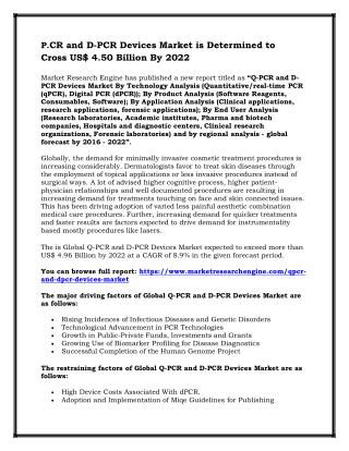 Q-PCR and D-PCR Devices Market is Determined to Cross US$ 4.50 Billion By 2022