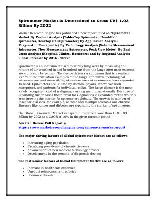 Spirometer Market is Determined to Cross US$ 1.03 Billion By 2022