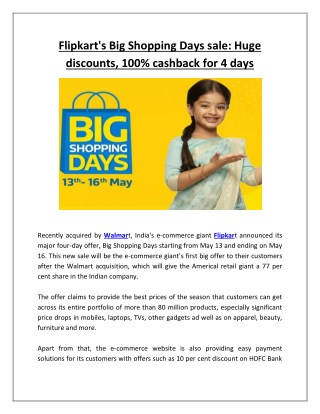 Flipkart's Big Shopping Days Sale Huge Discounts, 100% Cashback for 4 Days