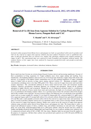 Removal of Cu (II) Ions from Aqueous Solution by Carbon Prepared from Henna Leaves, Pungam Bark and CAC