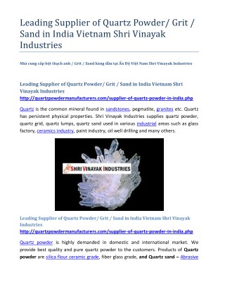 Leading Supplier of Quartz Powder/ Grit / Sand in India Vietnam Shri Vinayak Industries