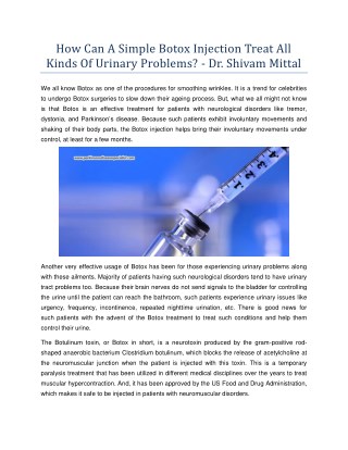 How Can A Simple Botox Injection Treat All Kinds Of Urinary Problems? - Dr. Shivam Mittal